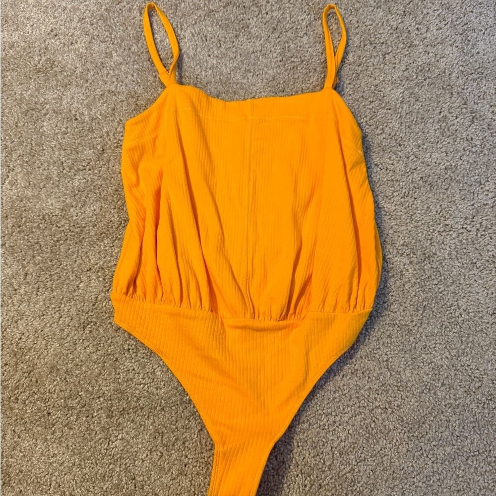 Free People Bright Orange Ribbed Square-Neck Bodysuit - Picture 2 of 11